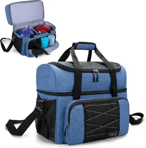 DSLEAF Bowling Bag for 2 Balls, Bowling Tote with Wooden Bowling Cups and Padded Divider for Double Ball and A Pair of Bowling Shoes Up to Mens 16 and Extra Essentials (Patent Design), Bag Only