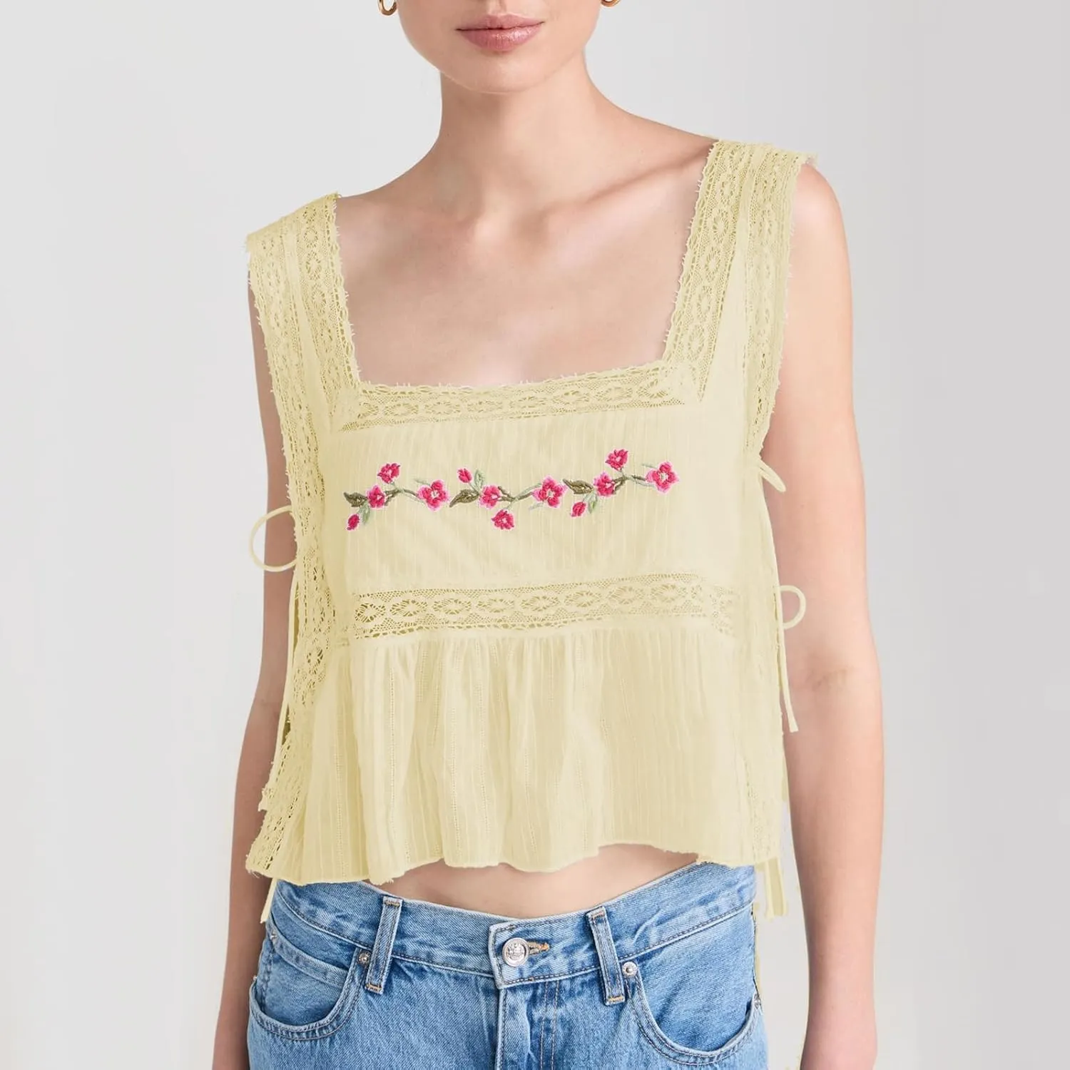 Dupe Y2k Women Floral Embroidery Side Tie Tank Top Crop fp Cute Sleeveless Lace Up Vest Going Out Babydoll Shirt Summer