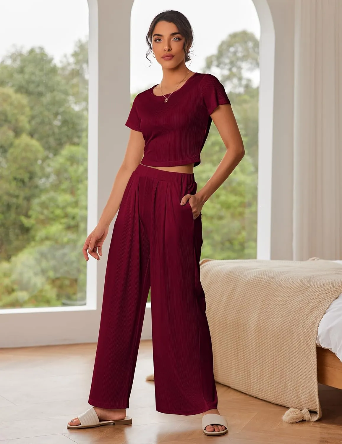 Ekouaer Women's 2 Piece Lounge Sets Short Sleeve Pajama Set Ribbed Knit Crop Top Wide Leg Pants Loungewear S-XXL