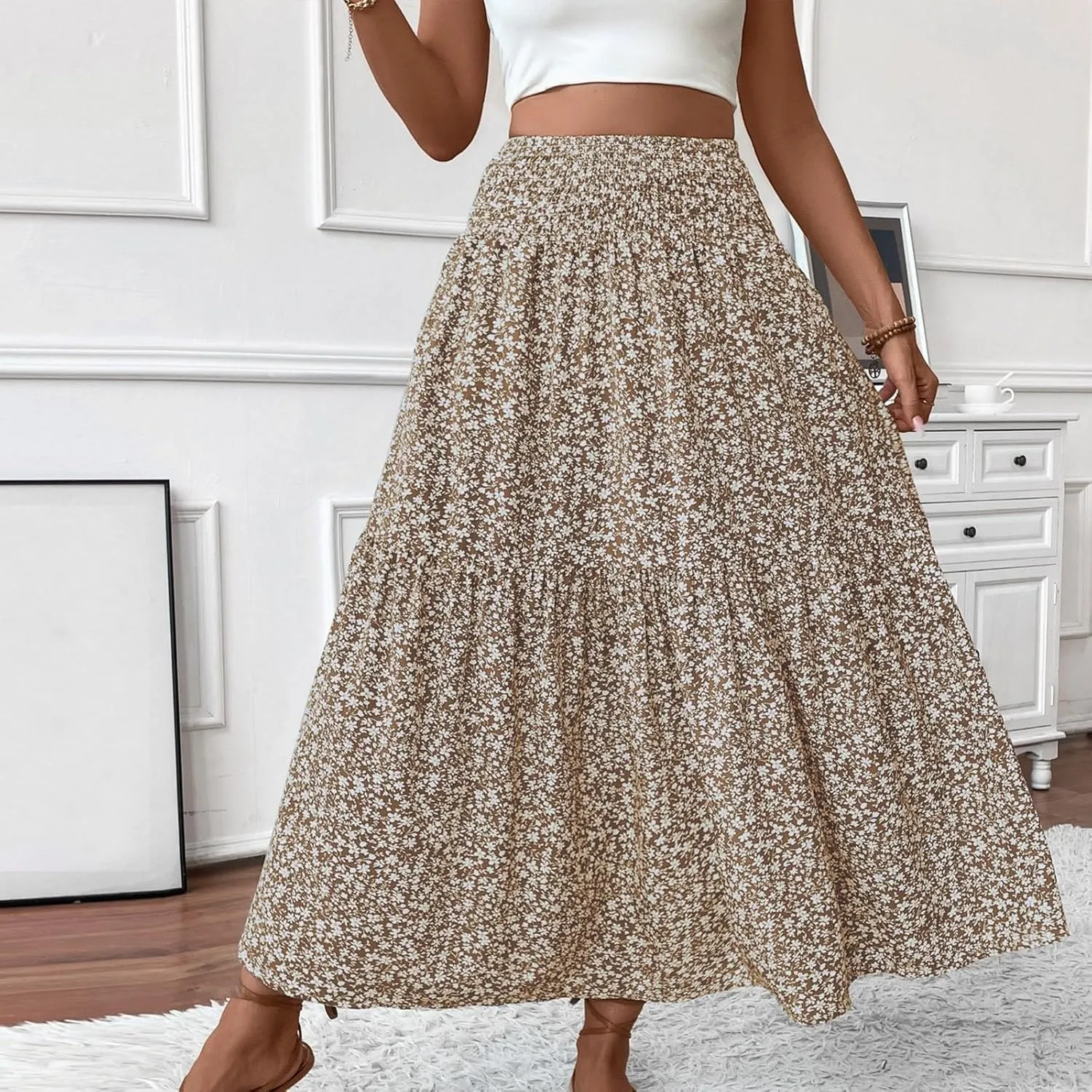 Elastic High Waist Flowy Maxi Skirts Women Boho Floral Tiered Pleated Summer Casual Long Beach Skirt