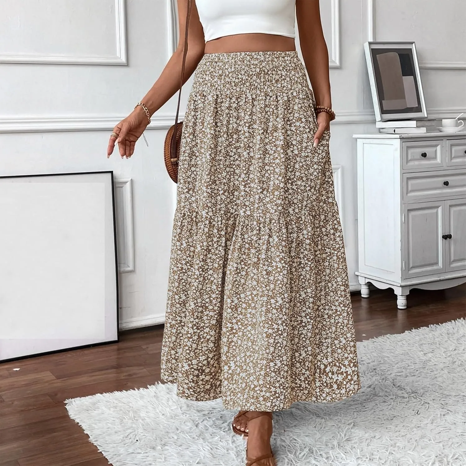 Elastic High Waist Flowy Maxi Skirts Women Boho Floral Tiered Pleated Summer Casual Long Beach Skirt