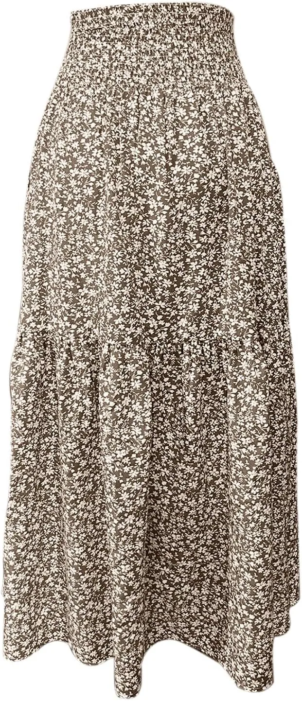 Elastic High Waist Flowy Maxi Skirts Women Boho Floral Tiered Pleated Summer Casual Long Beach Skirt
