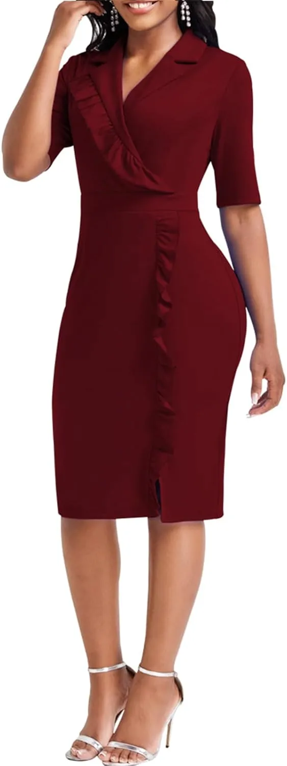 Elegant Church Dress for Women Casual Lapel Ruffle Pencil Classy Knee Length Dinner Party Midi Teens Dress