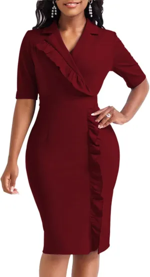 Elegant Church Dress for Women Casual Lapel Ruffle Pencil Classy Knee Length Dinner Party Midi Teens Dress