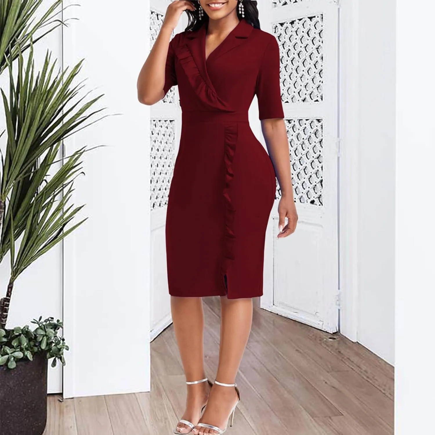 Elegant Church Dress for Women Casual Lapel Ruffle Pencil Classy Knee Length Dinner Party Midi Teens Dress