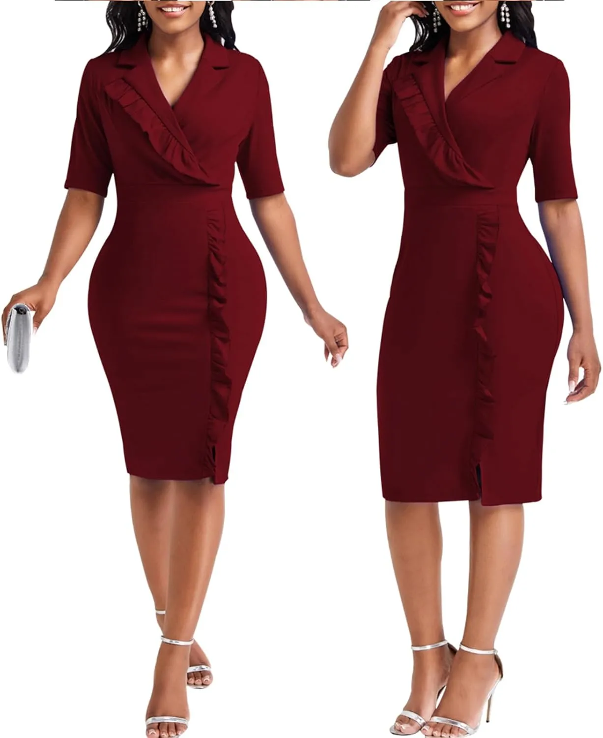 Elegant Church Dress for Women Casual Lapel Ruffle Pencil Classy Knee Length Dinner Party Midi Teens Dress
