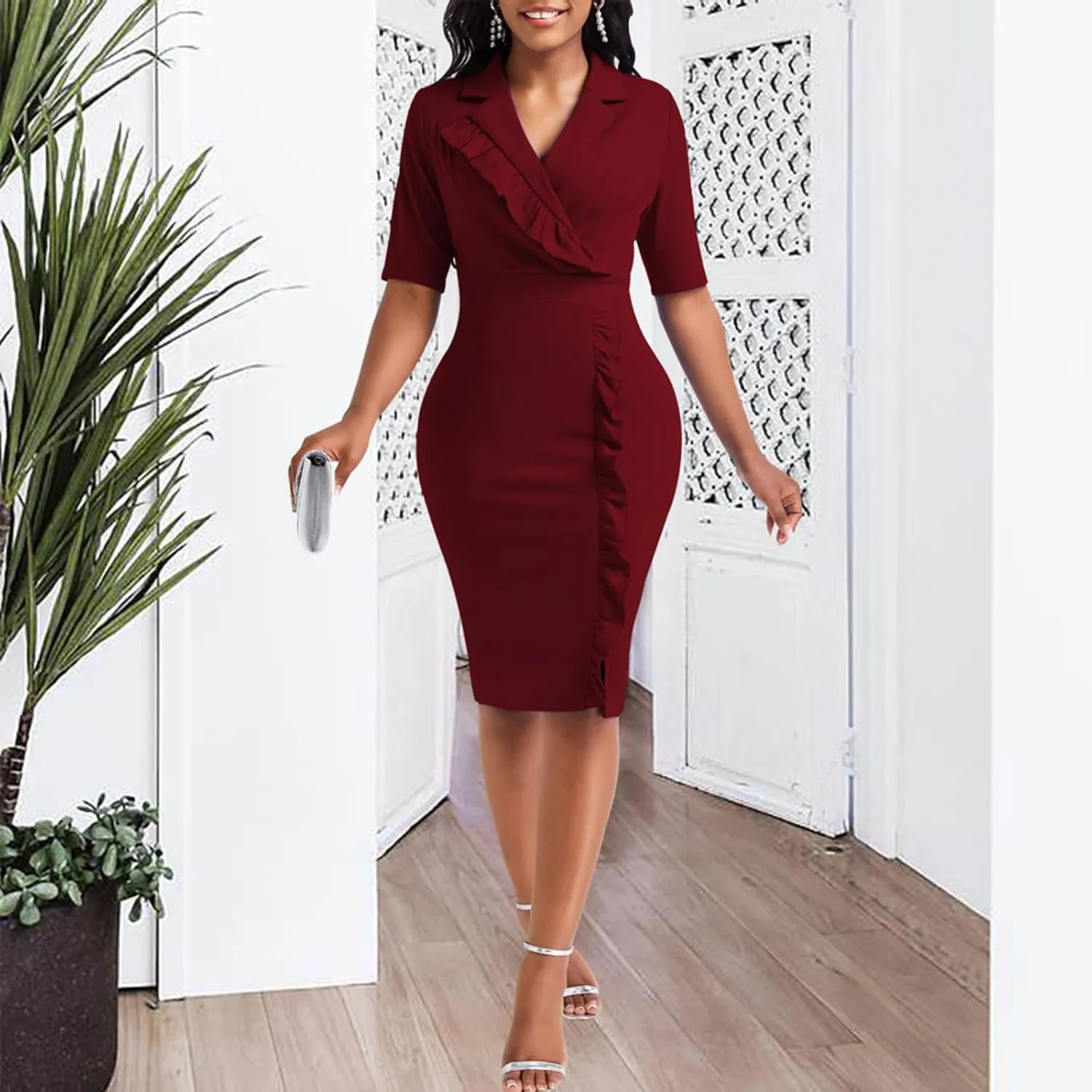 Elegant Church Dress for Women Casual Lapel Ruffle Pencil Classy Knee Length Dinner Party Midi Teens Dress