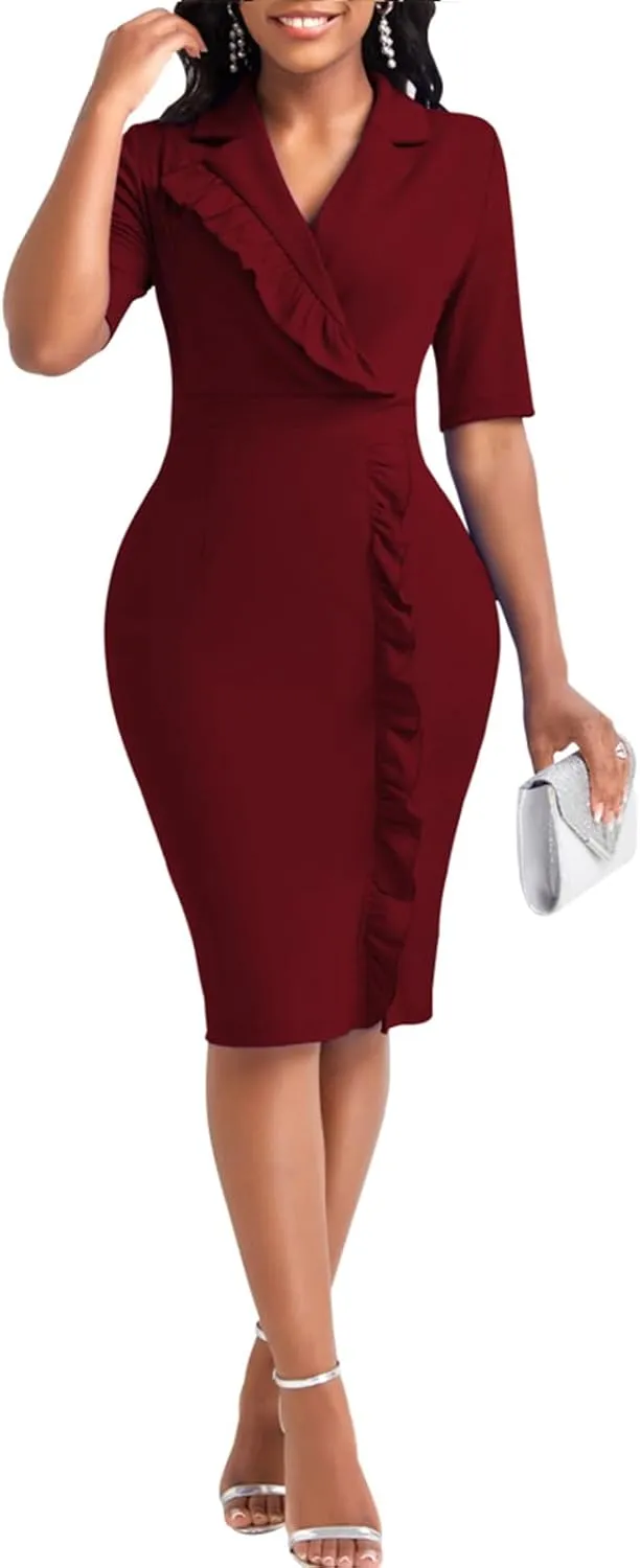 Elegant Church Dress for Women Casual Lapel Ruffle Pencil Classy Knee Length Dinner Party Midi Teens Dress