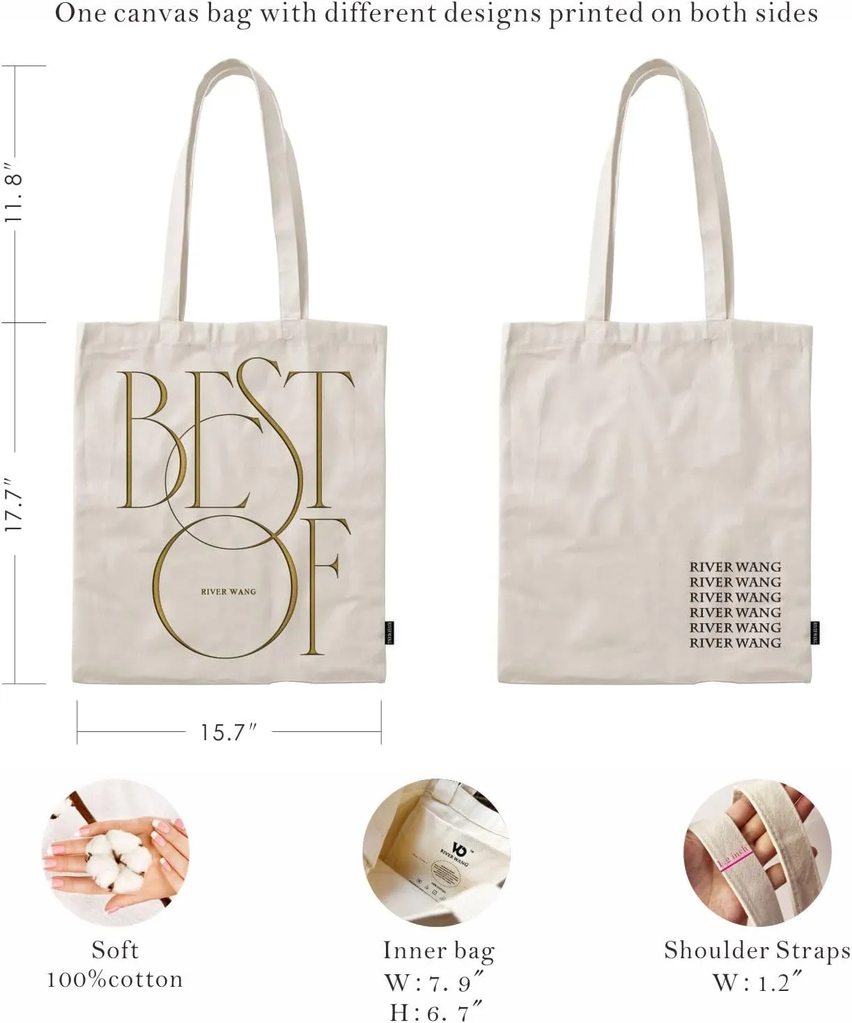 Embroidery Canvas Tote Bag for Women, Reusable Cloth Cotton Totes Shoulder Bag Casual Bag with Inner Pocket