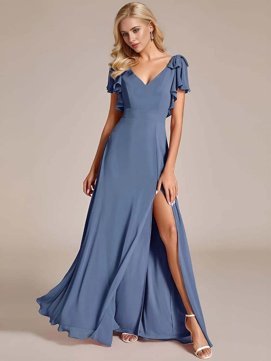 Ever-Pretty Women's Chiffon Mother of The Groom Dresses V Neck Split Ruffle Sleeves Formal Dresses 02080-PH