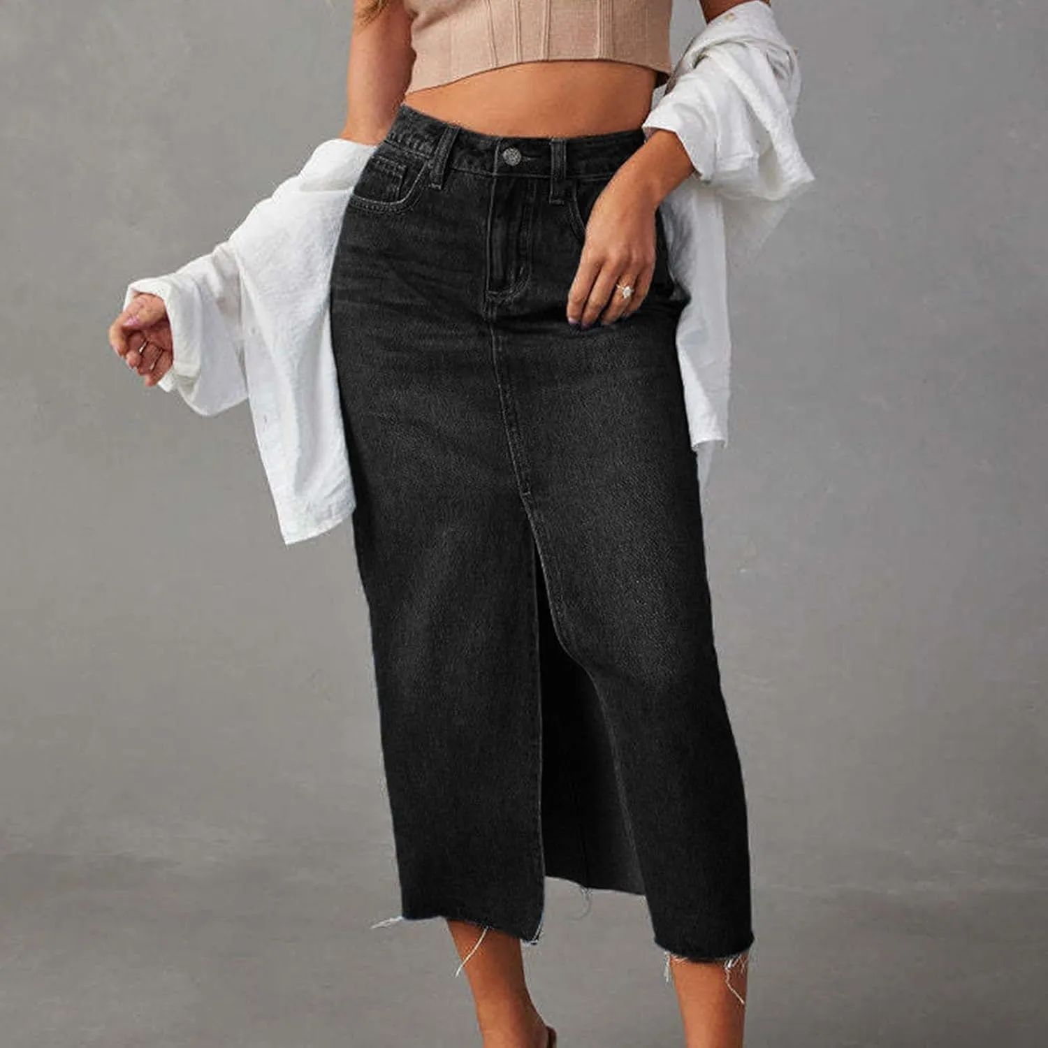 Fashion A-line Split Denim Skirt for Women Leisure High Waist Midi Skirts Comfortable Bodycon Going Out Skirts