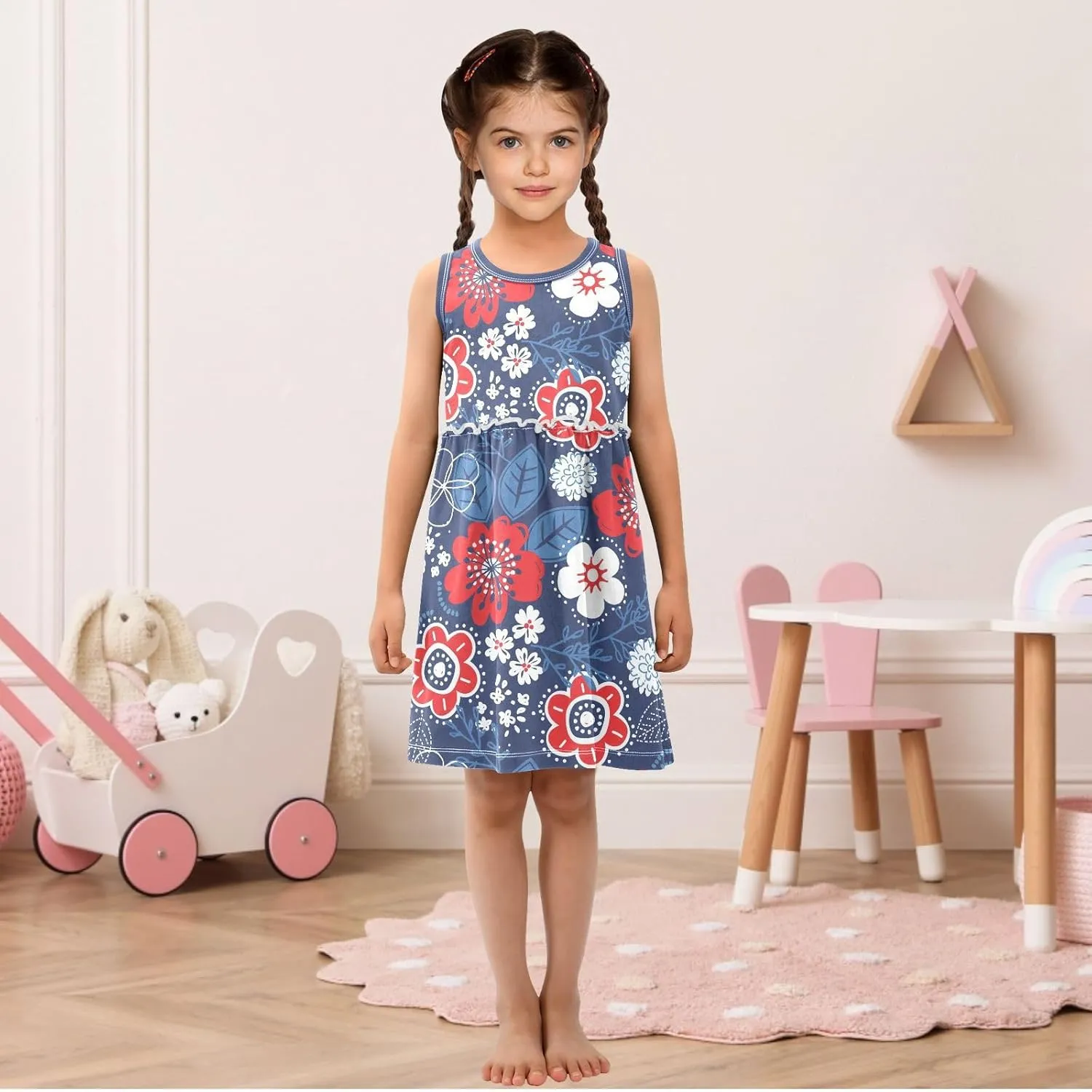 Fashion Girls Dress Cute Pattern Sleeveless Summer Casual Sundress A-line Dress 2T-8Y