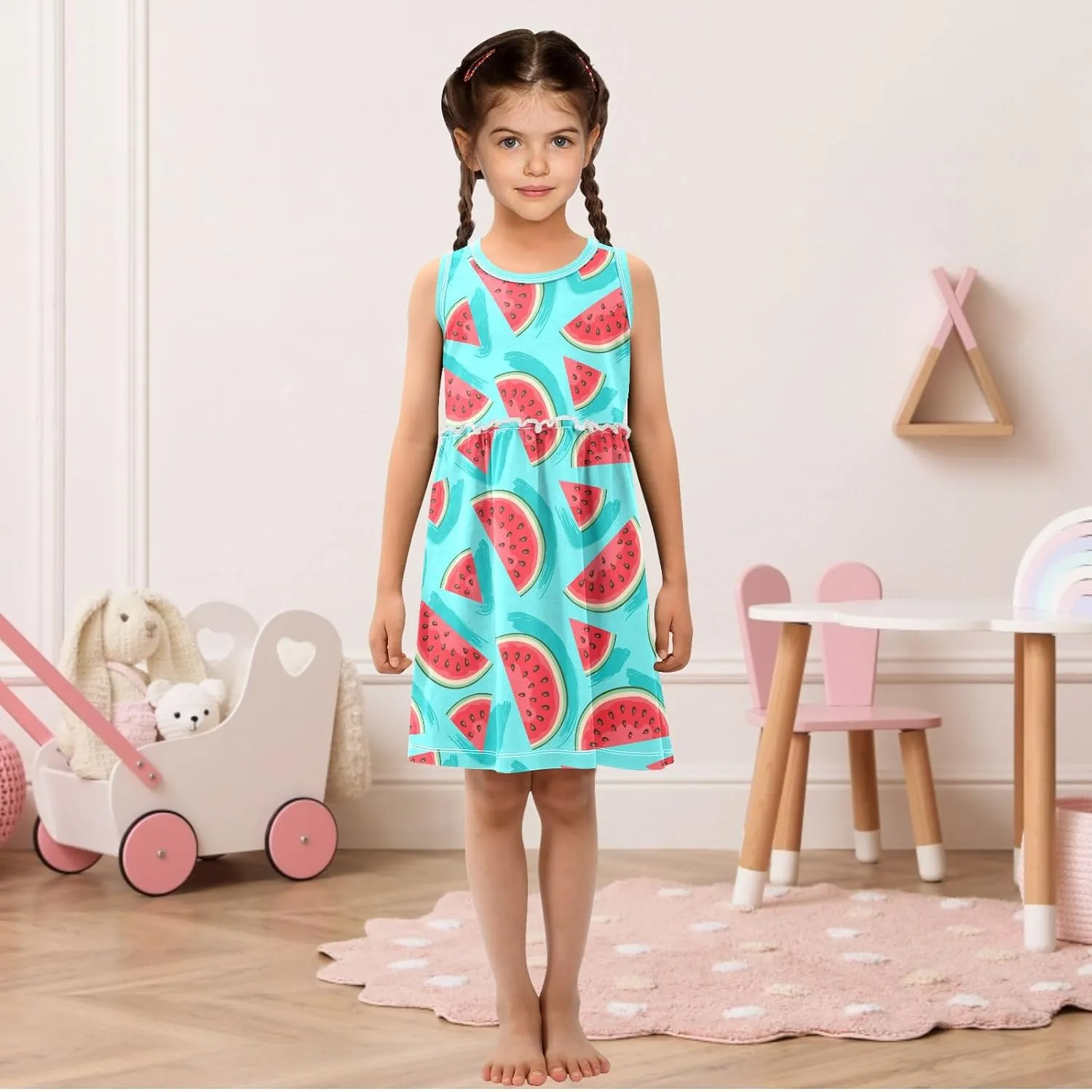 Fashion Girls Dress Cute Pattern Sleeveless Summer Casual Sundress A-line Dress 2T-8Y