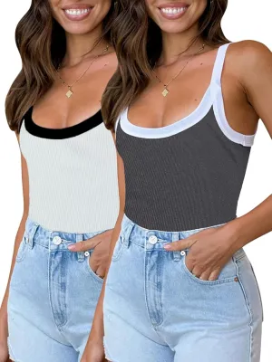 Fashionme Women's 2025 Basic Ribbed Tank Tops Wide Strap Color Block Sleeveless Tops Scoop Neck 1/2 Pack