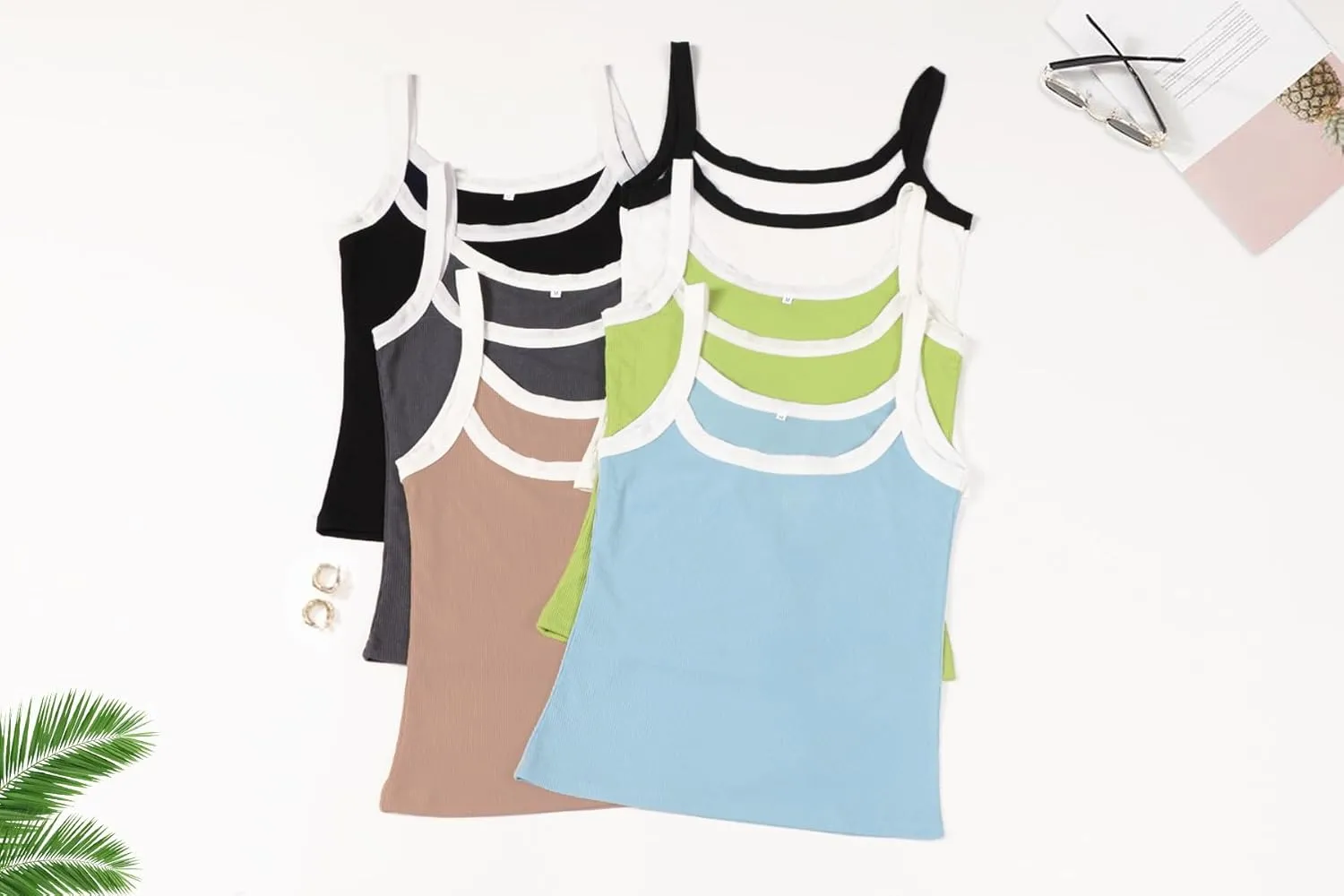 Fashionme Women's 2025 Basic Ribbed Tank Tops Wide Strap Color Block Sleeveless Tops Scoop Neck 1/2 Pack