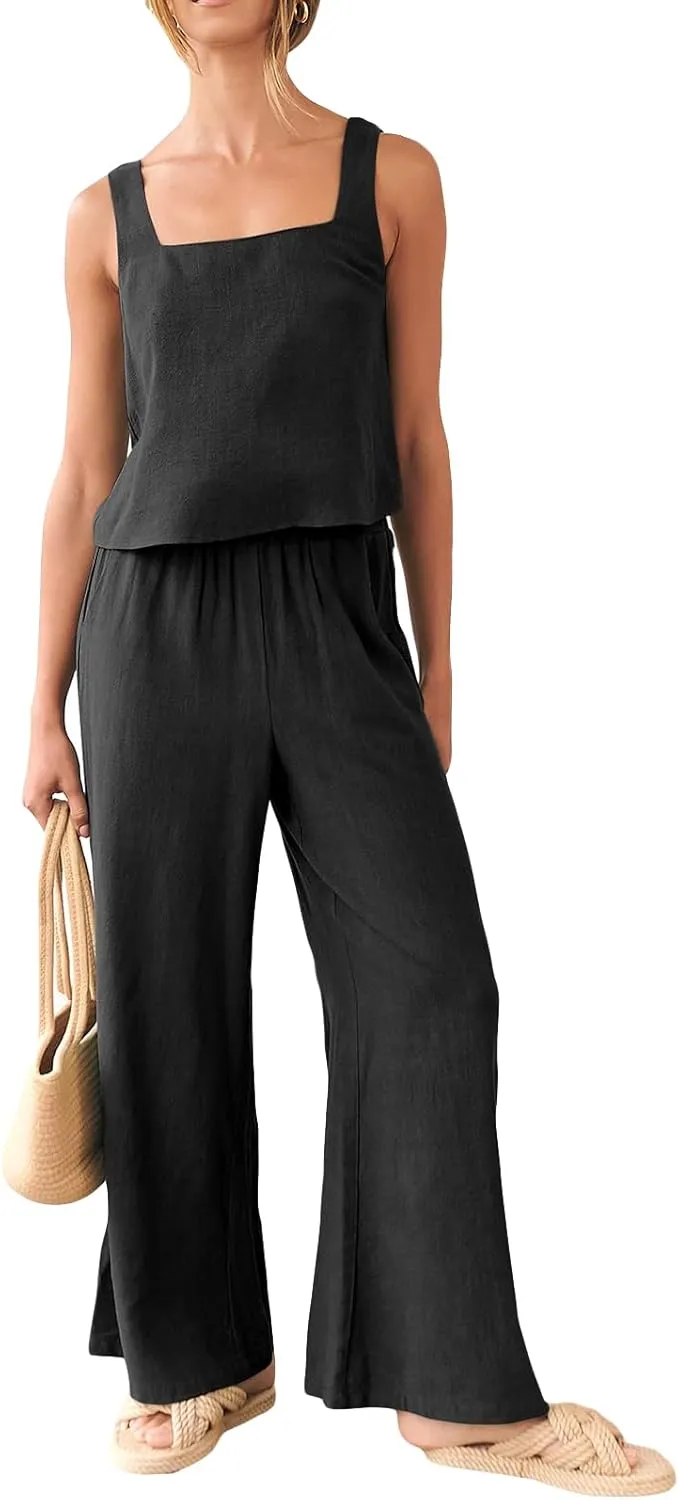 FEORJGP Womens Summer Two Piece Linen Pants Set Outfit 2 Piece Tank Tops with High Waist Trousers 2Pcs Clothes Set Loungewear