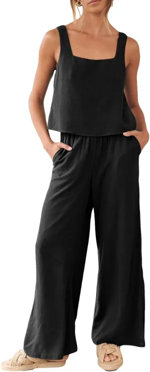FEORJGP Womens Summer Two Piece Linen Pants Set Outfit 2 Piece Tank Tops with High Waist Trousers 2Pcs Clothes Set Loungewear