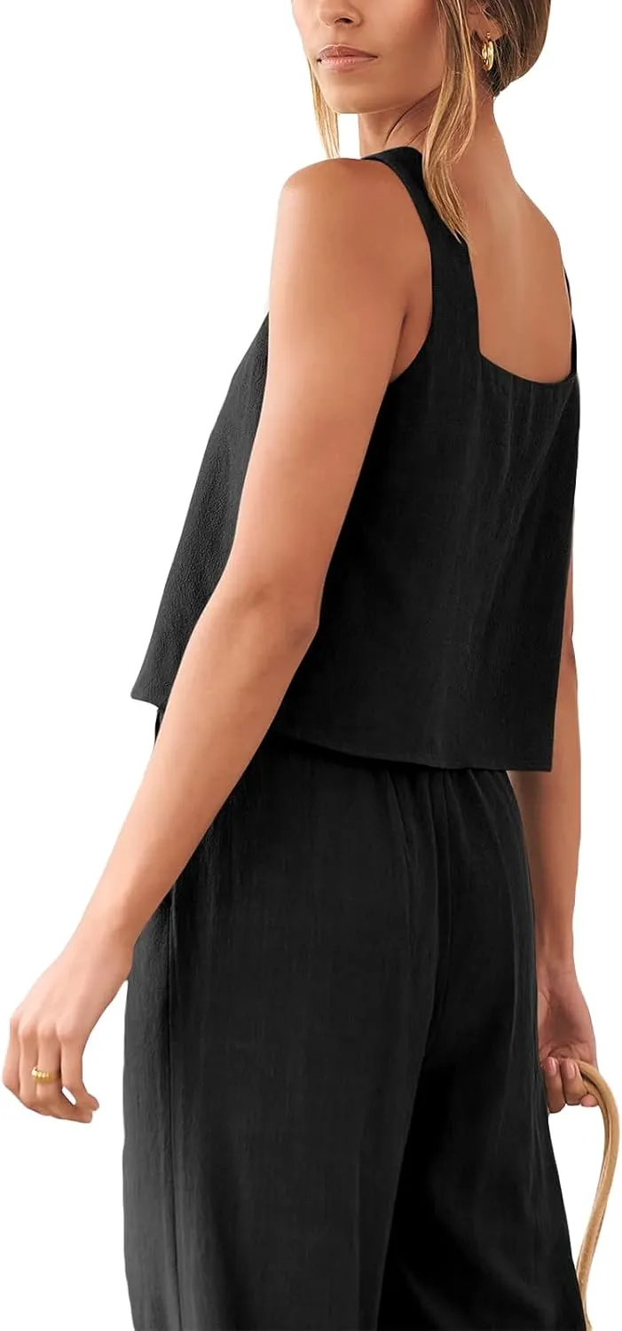 FEORJGP Womens Summer Two Piece Linen Pants Set Outfit 2 Piece Tank Tops with High Waist Trousers 2Pcs Clothes Set Loungewear
