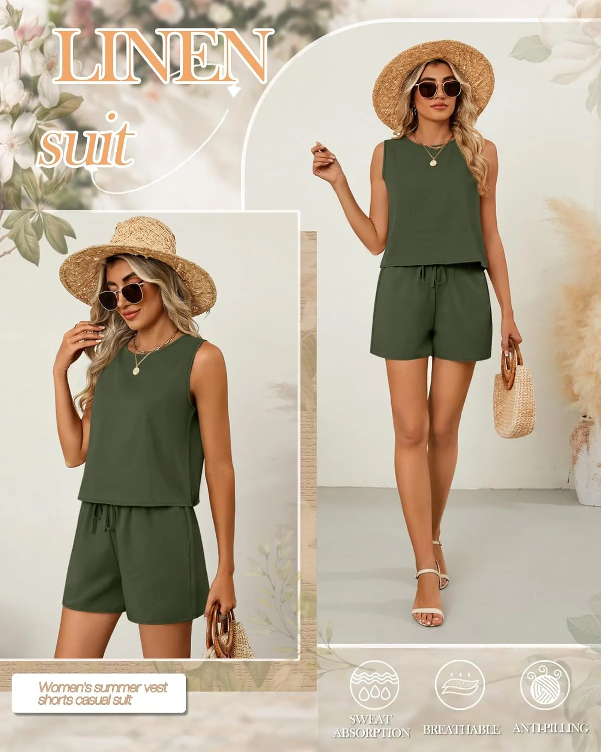 Ficerd Women's Summer 2 Piece Outfits Sets Cotton Linen Sleeveless Crop Top Tank and Drawstring Casual Shorts with Pocket