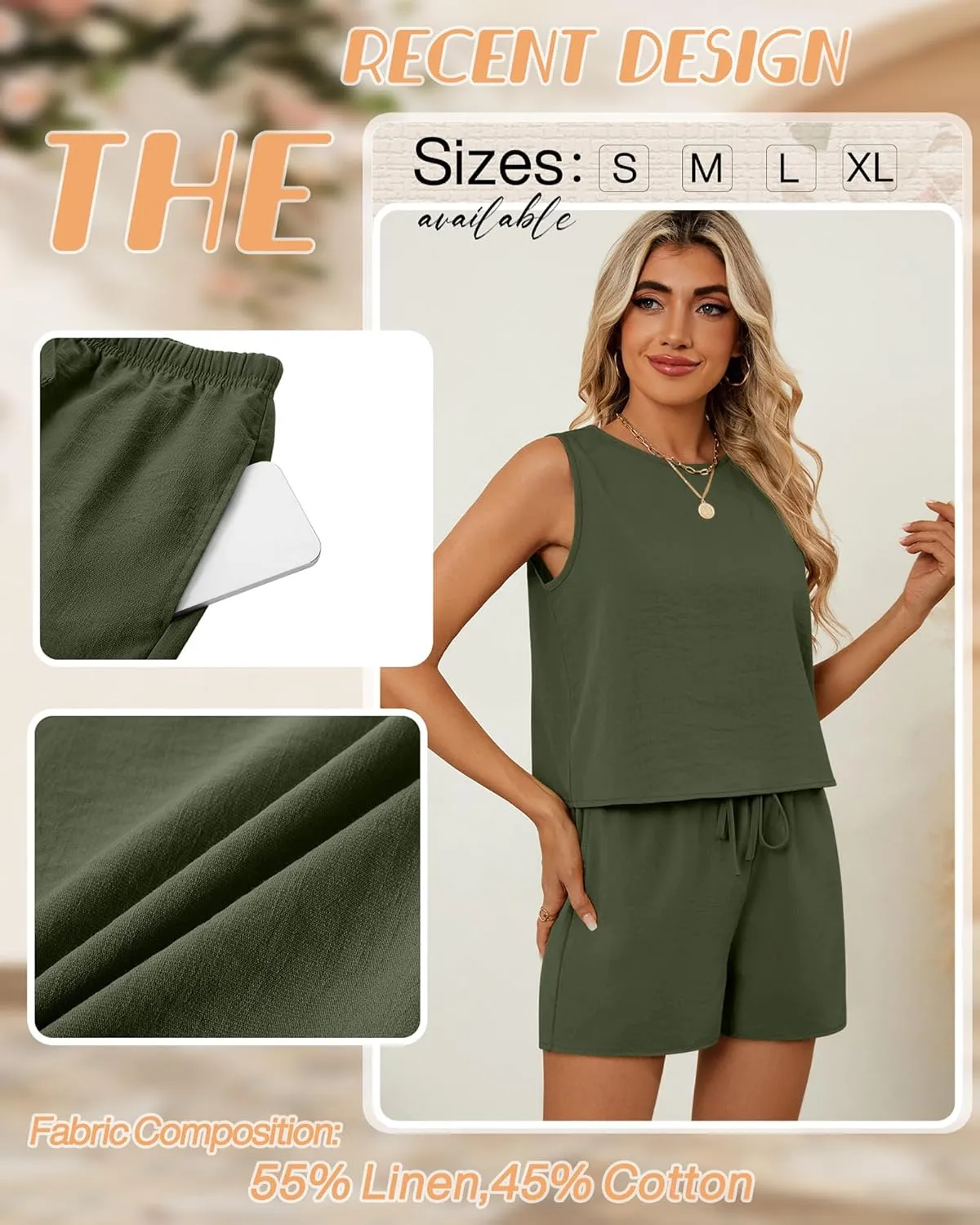 Ficerd Women's Summer 2 Piece Outfits Sets Cotton Linen Sleeveless Crop Top Tank and Drawstring Casual Shorts with Pocket