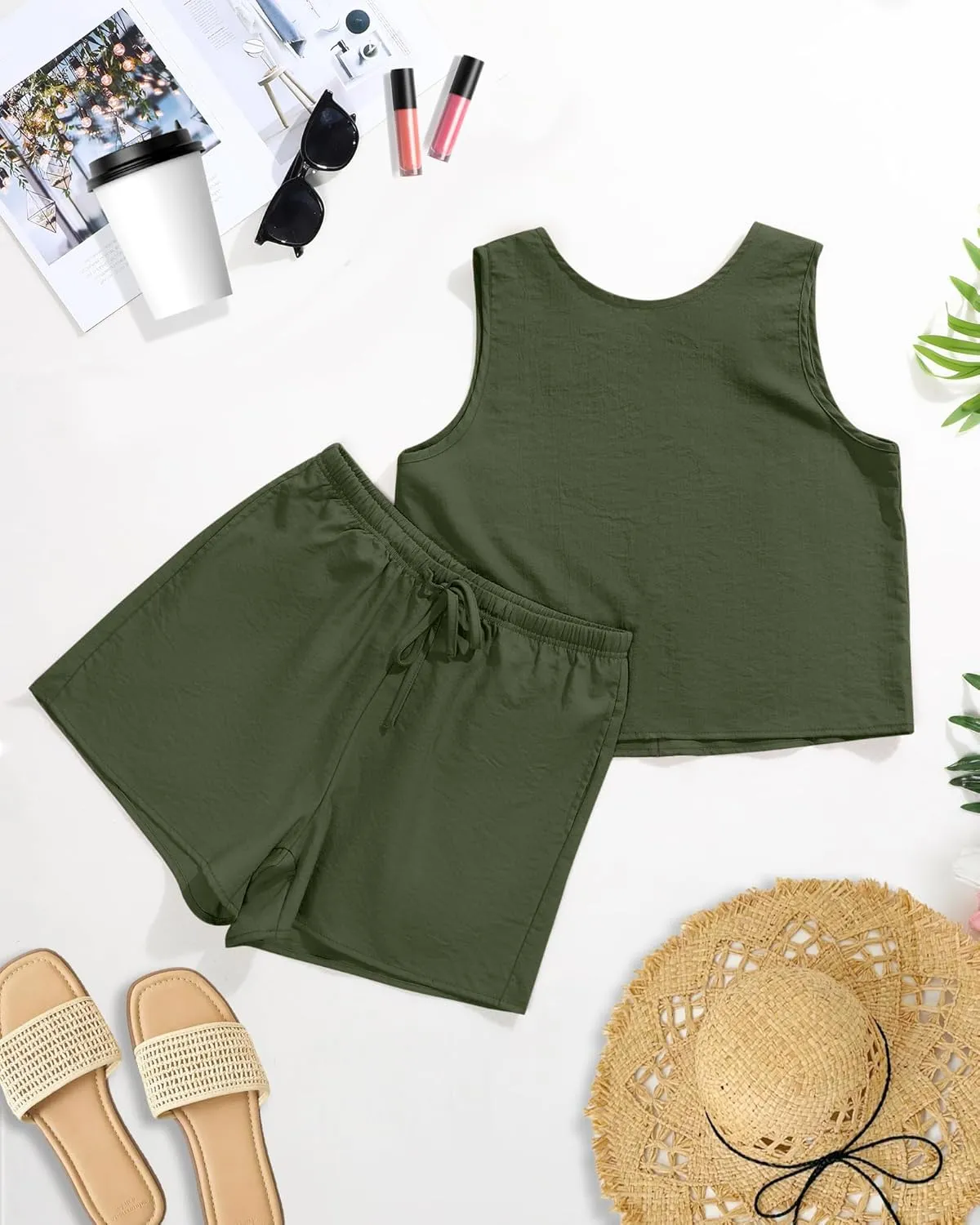 Ficerd Women's Summer 2 Piece Outfits Sets Cotton Linen Sleeveless Crop Top Tank and Drawstring Casual Shorts with Pocket