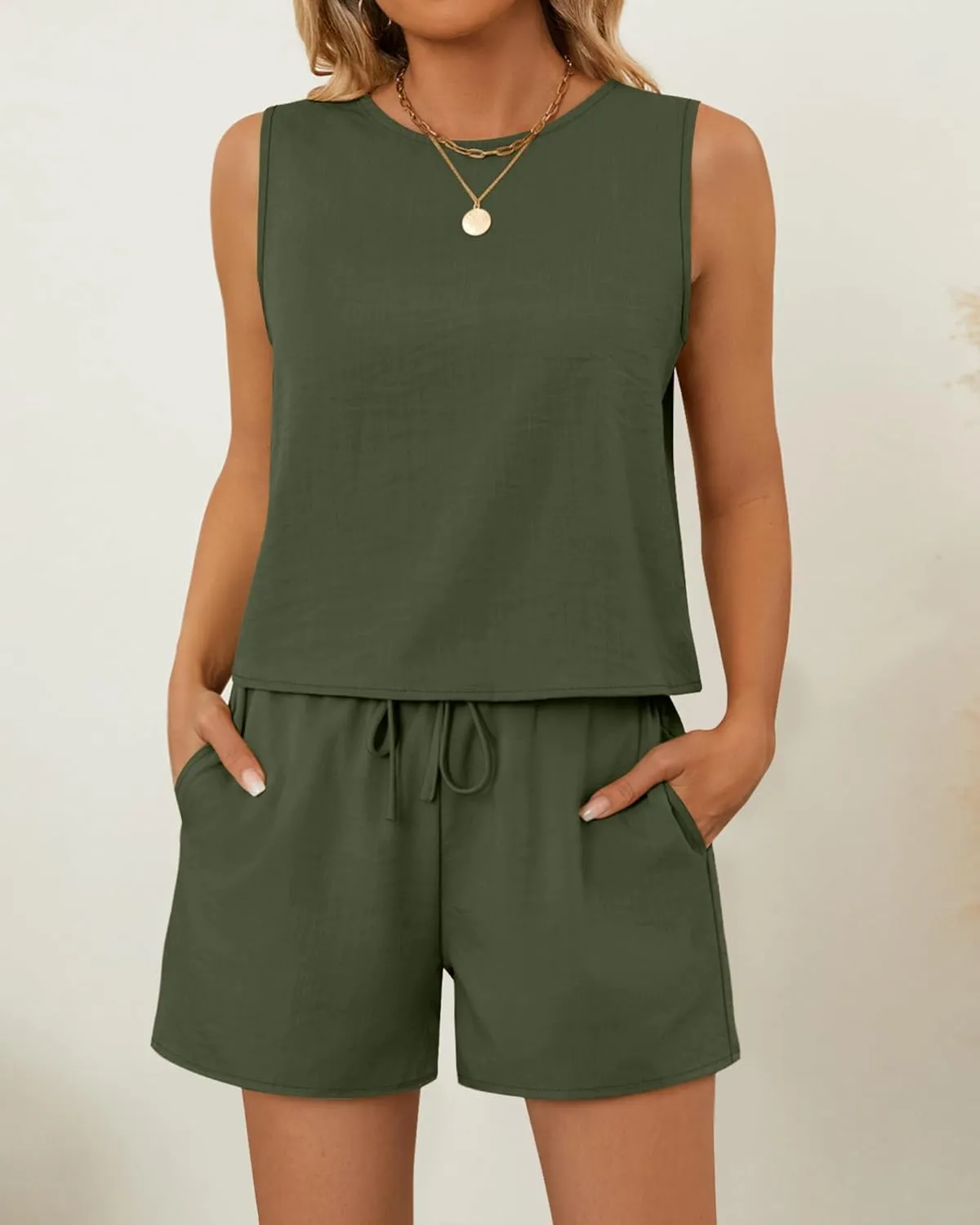Ficerd Women's Summer 2 Piece Outfits Sets Cotton Linen Sleeveless Crop Top Tank and Drawstring Casual Shorts with Pocket