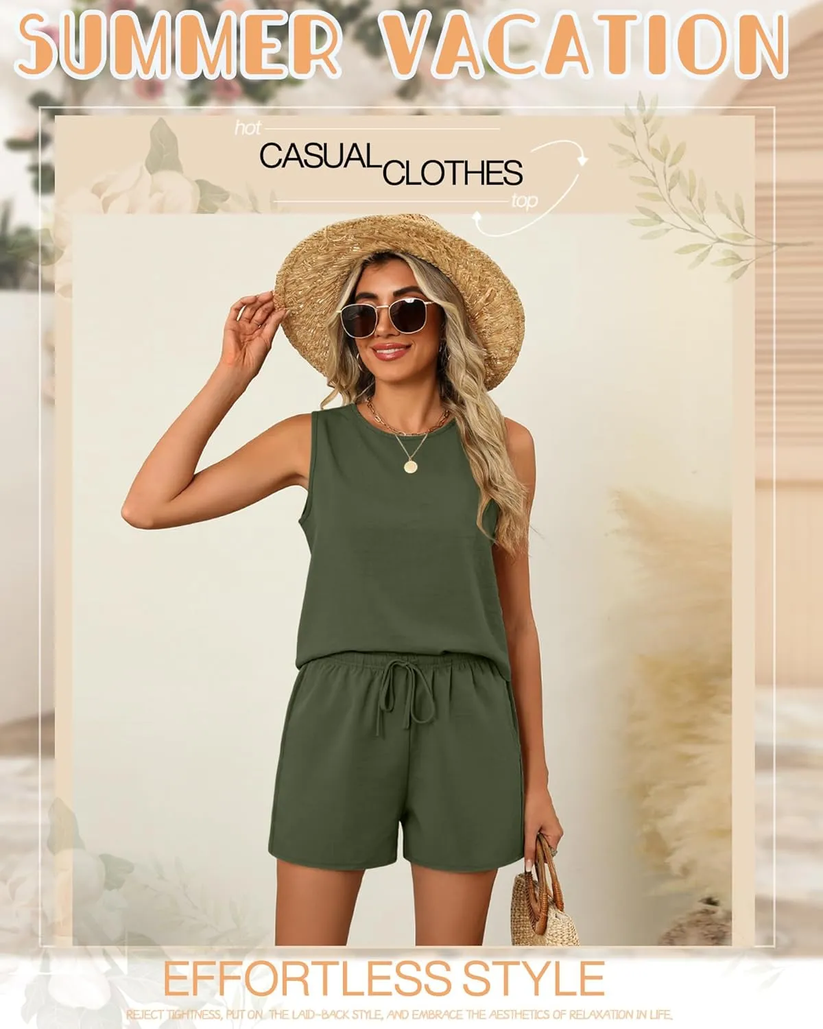 Ficerd Women's Summer 2 Piece Outfits Sets Cotton Linen Sleeveless Crop Top Tank and Drawstring Casual Shorts with Pocket