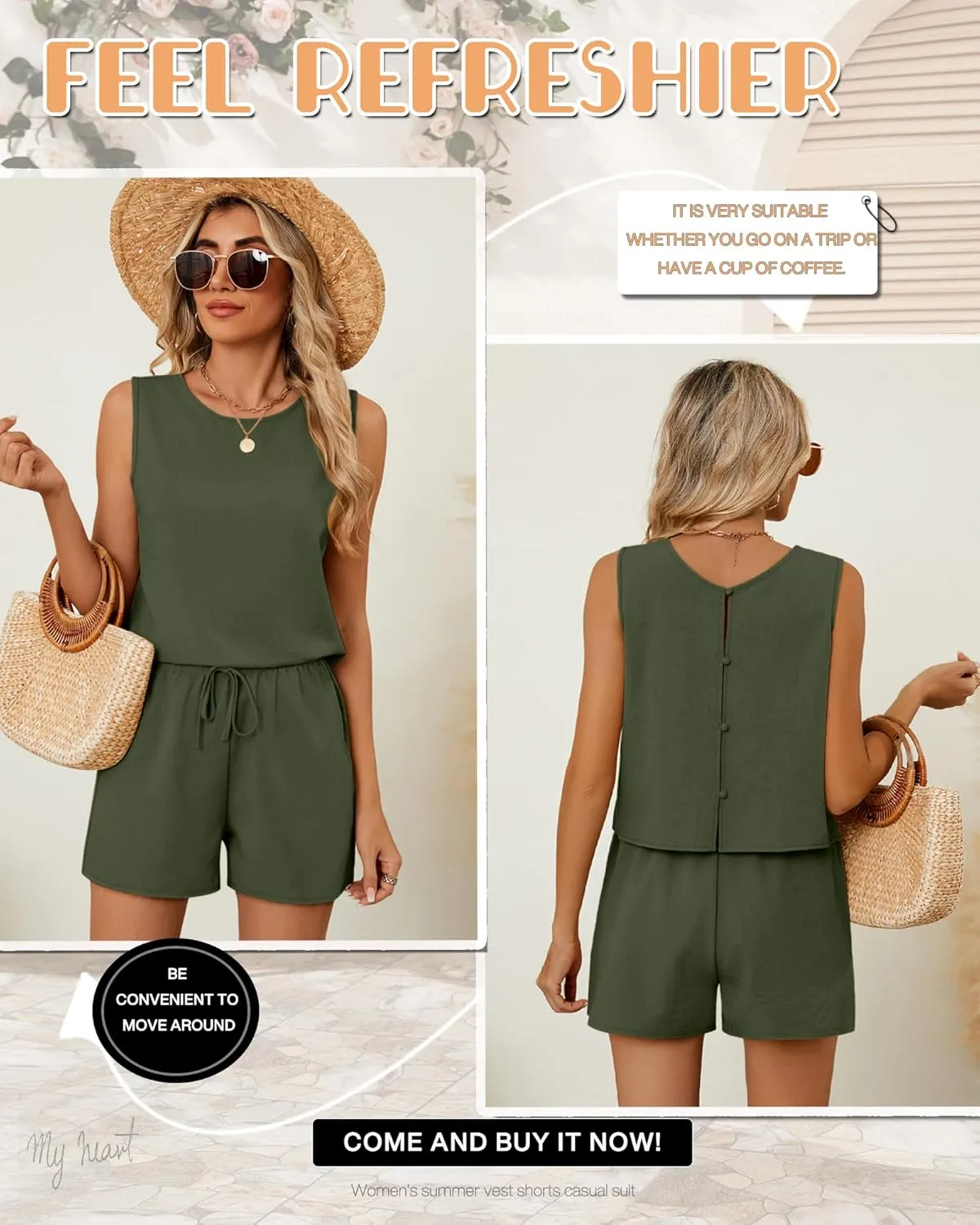 Ficerd Women's Summer 2 Piece Outfits Sets Cotton Linen Sleeveless Crop Top Tank and Drawstring Casual Shorts with Pocket