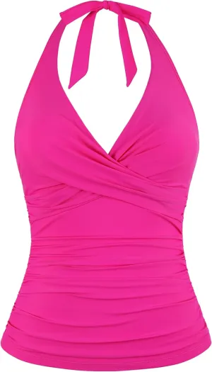 Firpearl Underwire Tankini Tops for Women Ruched Tummy Control Bathing Suit Tops Halter V Neck Swimsuit Top Only