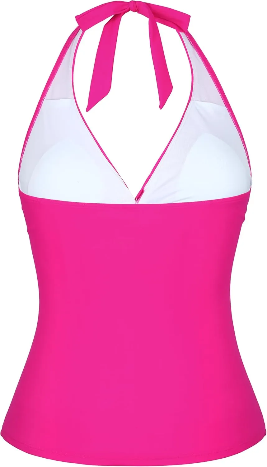 Firpearl Underwire Tankini Tops for Women Ruched Tummy Control Bathing Suit Tops Halter V Neck Swimsuit Top Only