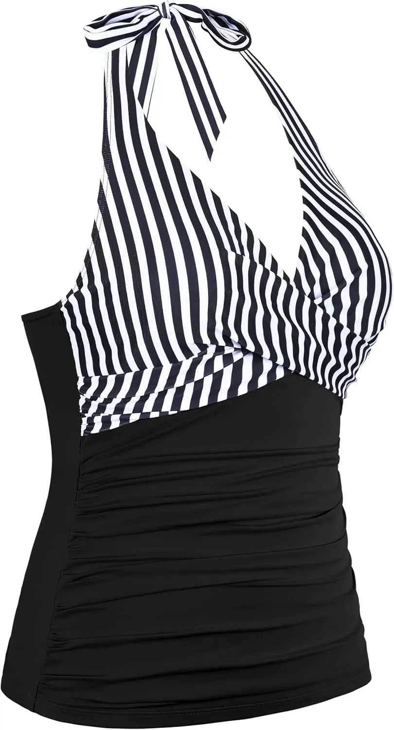 Firpearl Underwire Tankini Tops for Women Ruched Tummy Control Bathing Suit Tops Halter V Neck Swimsuit Top Only