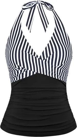 Firpearl Underwire Tankini Tops for Women Ruched Tummy Control Bathing Suit Tops Halter V Neck Swimsuit Top Only