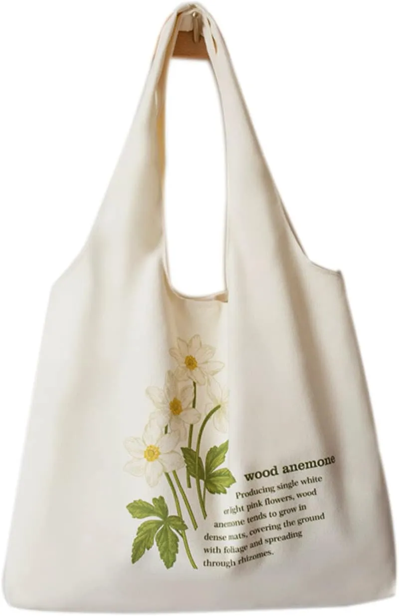 Floral Canvas Tote Bag Botanical Shopping Bag Aesthetic Flower Tote Bag Large Capacity Grocery Bag for Women