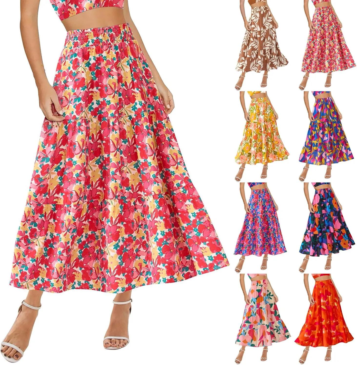 Floral Maxi Skirts for Women Trendy High Waisted Tiered Flowy Boho Long Skirt Cute Ruffle Pleated Beach A Line Skirt