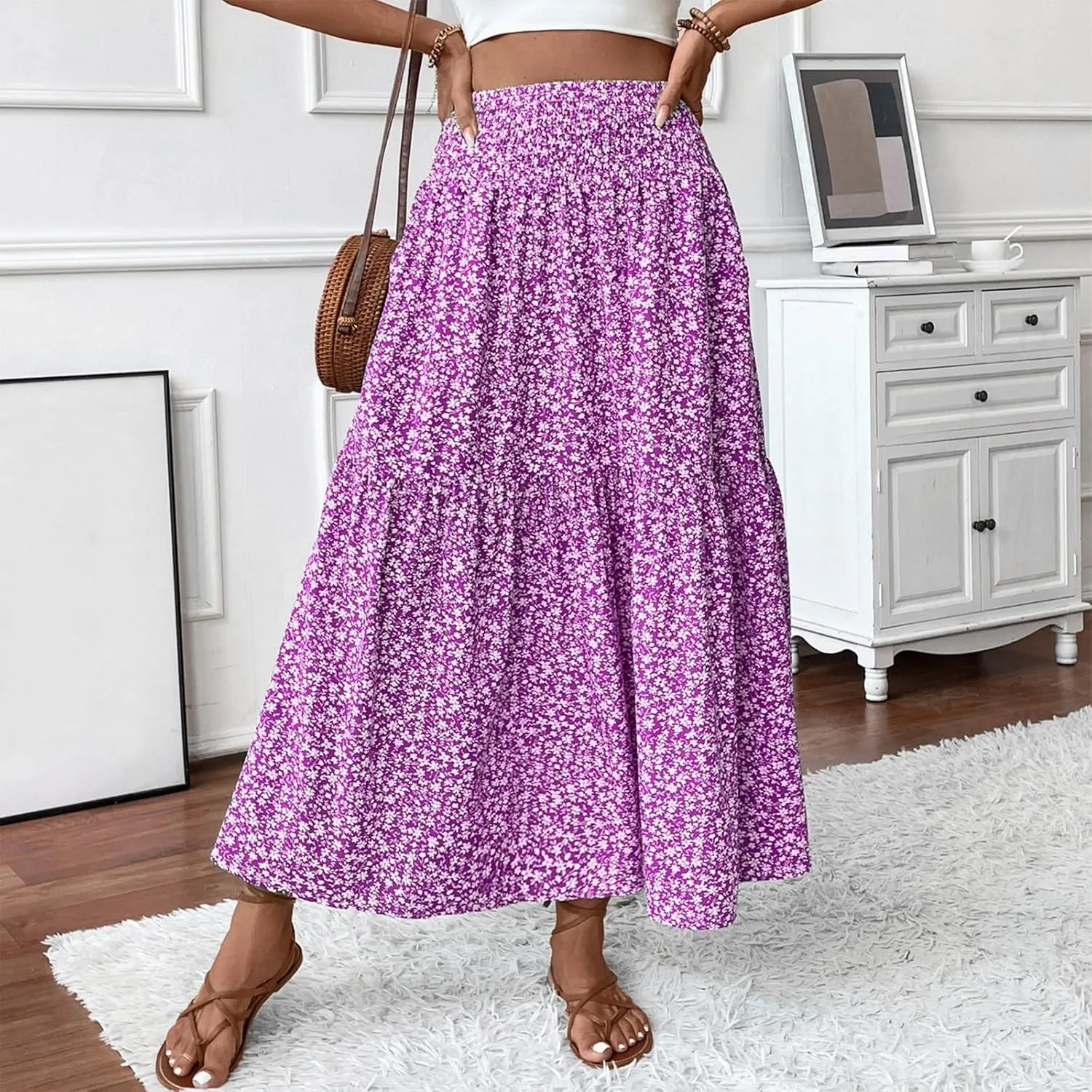 Floral Skirts for Women Summer Flowy Tiered Elastic High Waisted Print Skirt Vacation A-Line Swing Long Midi Skirts