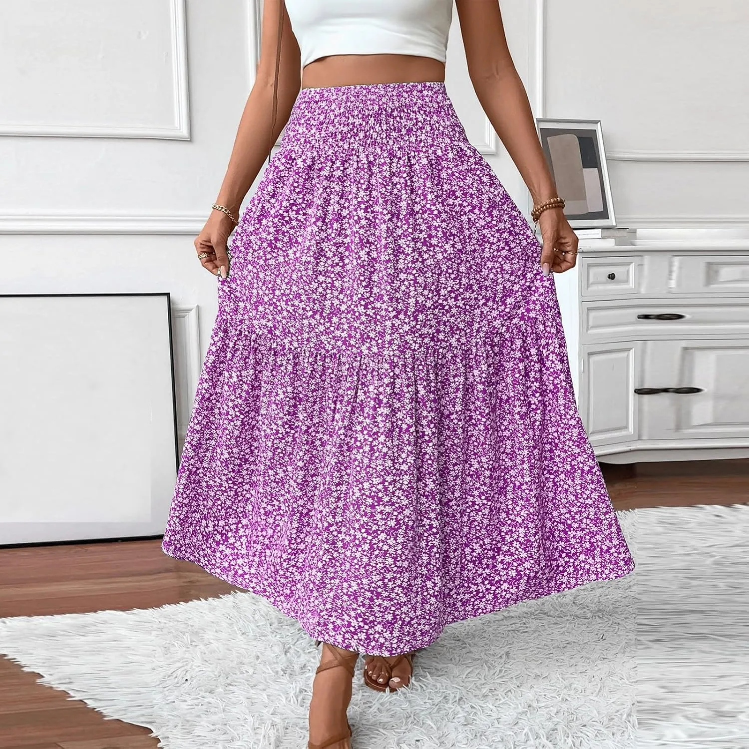 Floral Skirts for Women Summer Flowy Tiered Elastic High Waisted Print Skirt Vacation A-Line Swing Long Midi Skirts