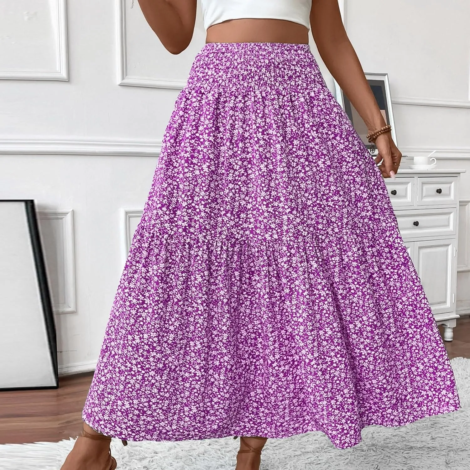 Floral Skirts for Women Summer Flowy Tiered Elastic High Waisted Print Skirt Vacation A-Line Swing Long Midi Skirts