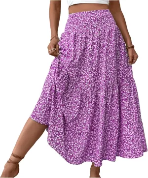 Floral Skirts for Women Summer Flowy Tiered Elastic High Waisted Print Skirt Vacation A-Line Swing Long Midi Skirts