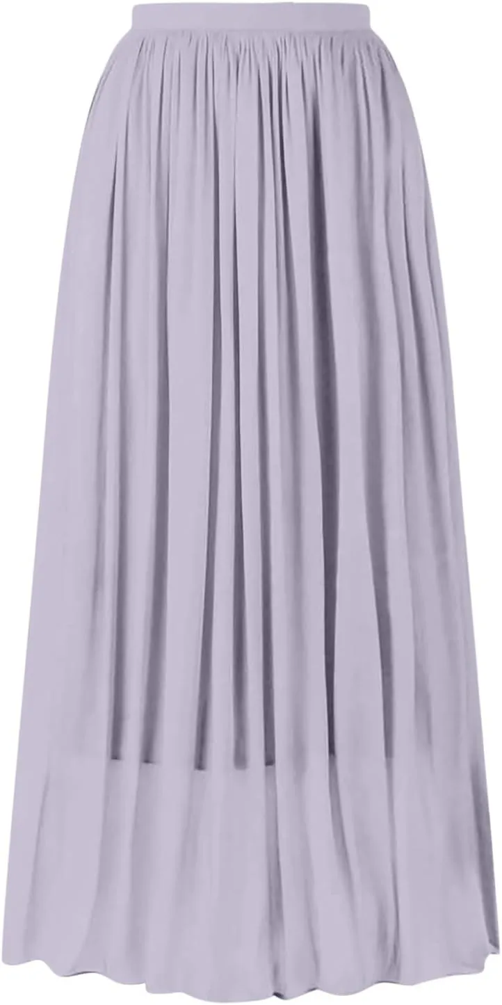 Flowy Midi Skirts for Women 2025 Summer Lightweight Elastic Waisted Swing A-Line Pleated Skirt