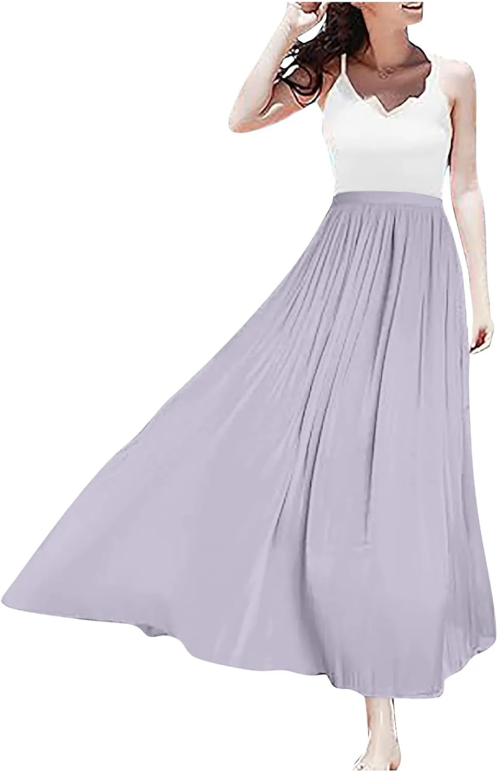 Flowy Midi Skirts for Women 2025 Summer Lightweight Elastic Waisted Swing A-Line Pleated Skirt