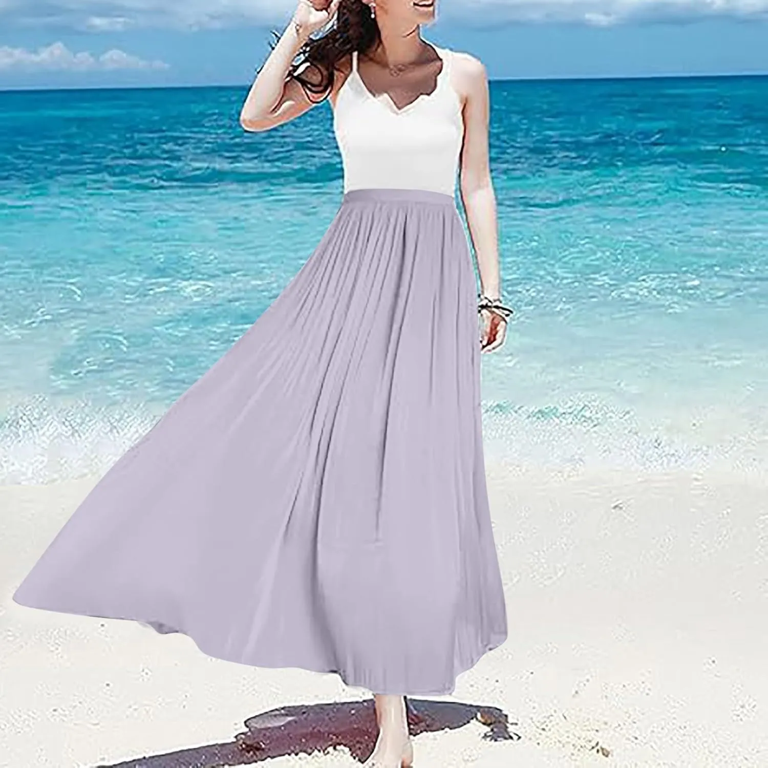 Flowy Midi Skirts for Women 2025 Summer Lightweight Elastic Waisted Swing A-Line Pleated Skirt