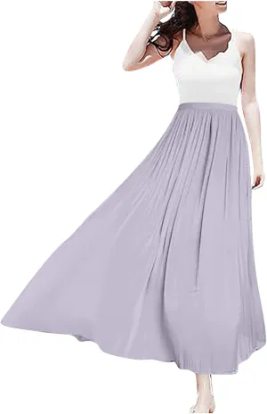Flowy Midi Skirts for Women 2025 Summer Lightweight Elastic Waisted Swing A-Line Pleated Skirt