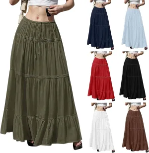 Flowy Tiered Maxi Skirts for Women Trendy Summer Boho Long Skirts Elastic Drawstring Waist Pleated Swing A Line Skirt