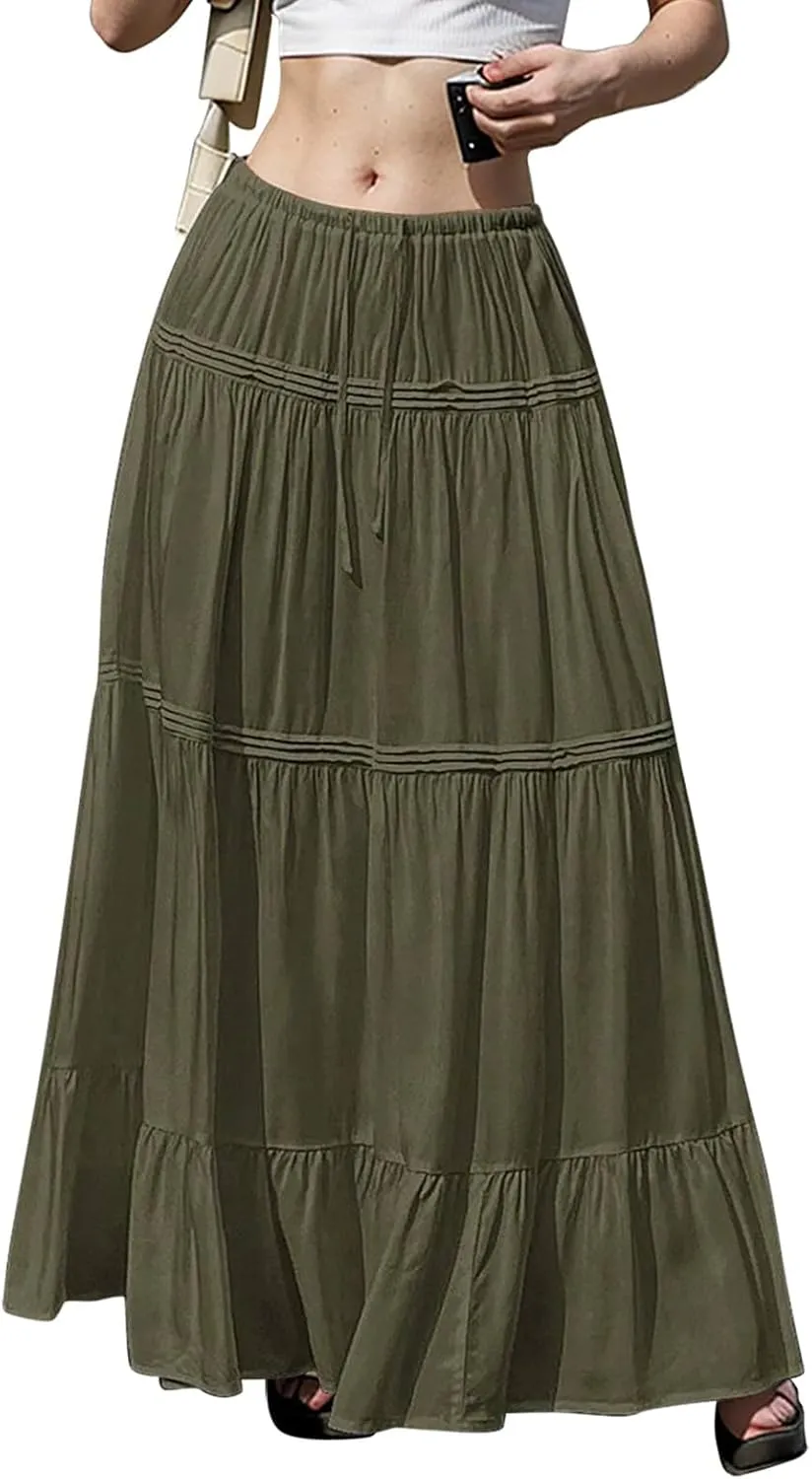 Flowy Tiered Maxi Skirts for Women Trendy Summer Boho Long Skirts Elastic Drawstring Waist Pleated Swing A Line Skirt