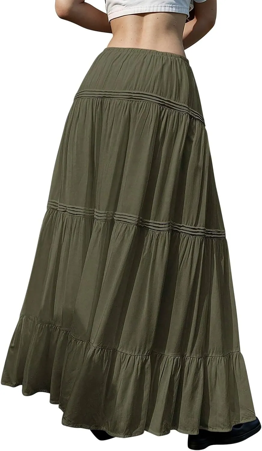 Flowy Tiered Maxi Skirts for Women Trendy Summer Boho Long Skirts Elastic Drawstring Waist Pleated Swing A Line Skirt
