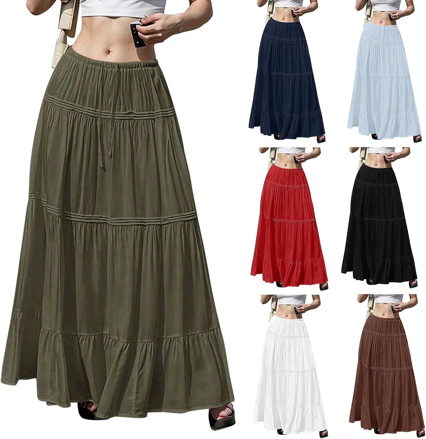 Flowy Tiered Maxi Skirts for Women Trendy Summer Boho Long Skirts Elastic Drawstring Waist Pleated Swing A Line Skirt
