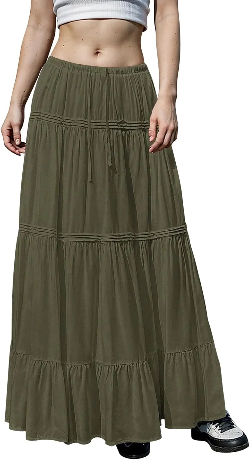 Flowy Tiered Maxi Skirts for Women Trendy Summer Boho Long Skirts Elastic Drawstring Waist Pleated Swing A Line Skirt
