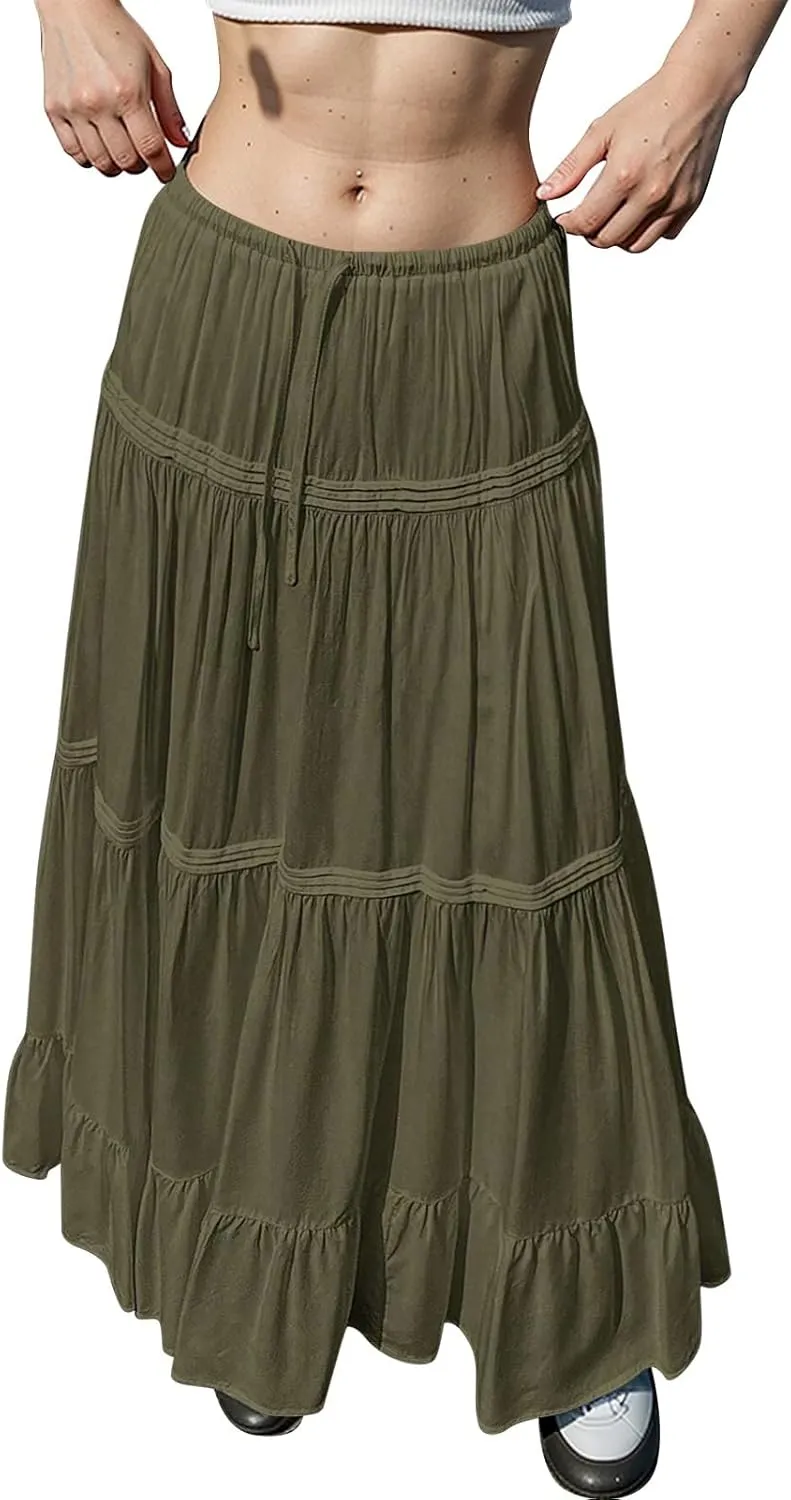 Flowy Tiered Maxi Skirts for Women Trendy Summer Boho Long Skirts Elastic Drawstring Waist Pleated Swing A Line Skirt