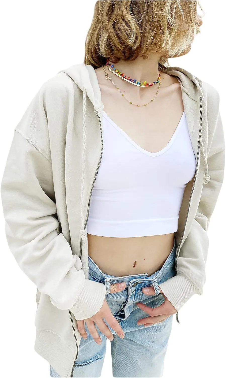 FOMOYUU Women Oversized Zip Up Hoodie E-girl Baggy Loose Solid Hooded Sweatshirt Jacket Outwear Casual Coat