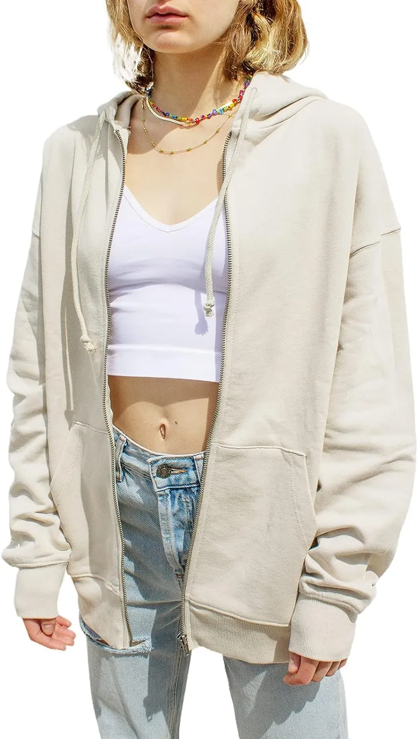 FOMOYUU Women Oversized Zip Up Hoodie E-girl Baggy Loose Solid Hooded Sweatshirt Jacket Outwear Casual Coat